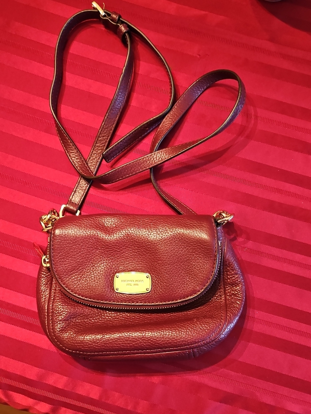 Michael Kors Pebbled Leather Crossbody in Deep Burgundy with Gold Hardware